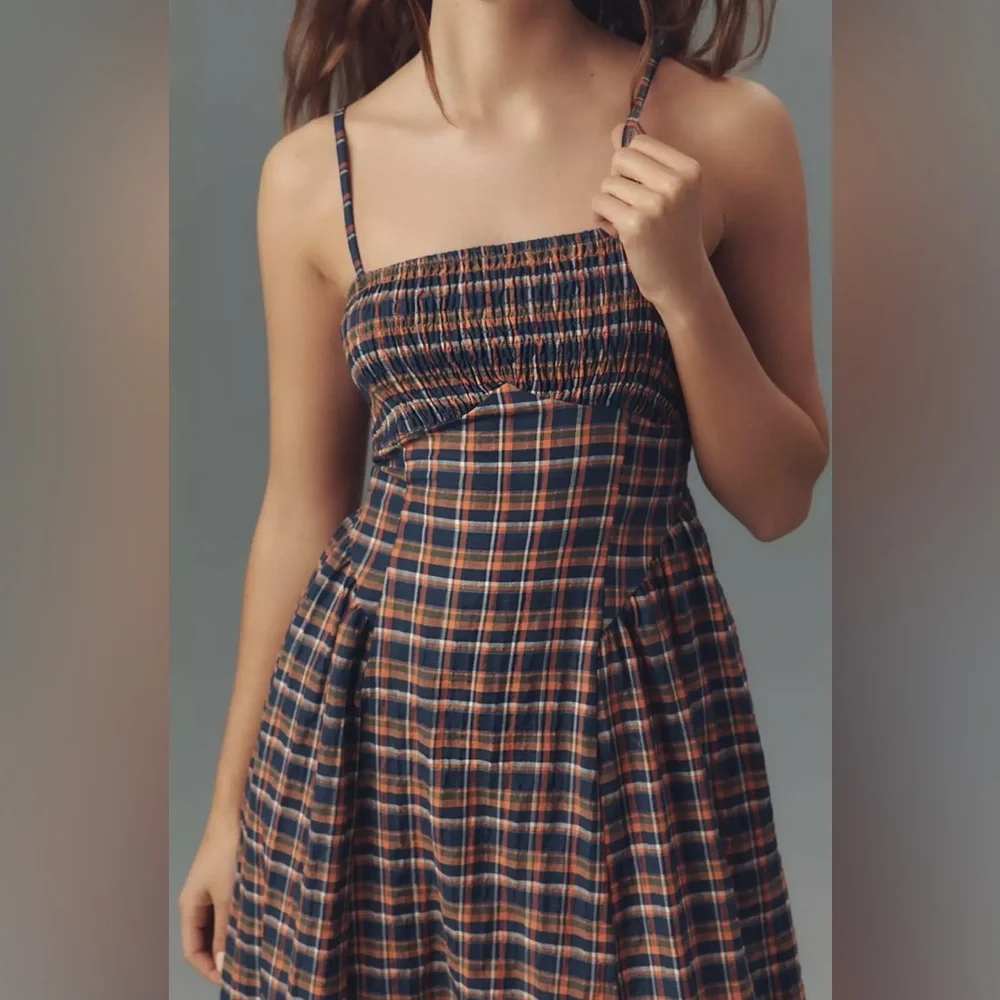 Anthropologie Pilcro Plaid Smocked Midi Dress NWT Navy Orange Cottagecore - Picture 3 of 7
